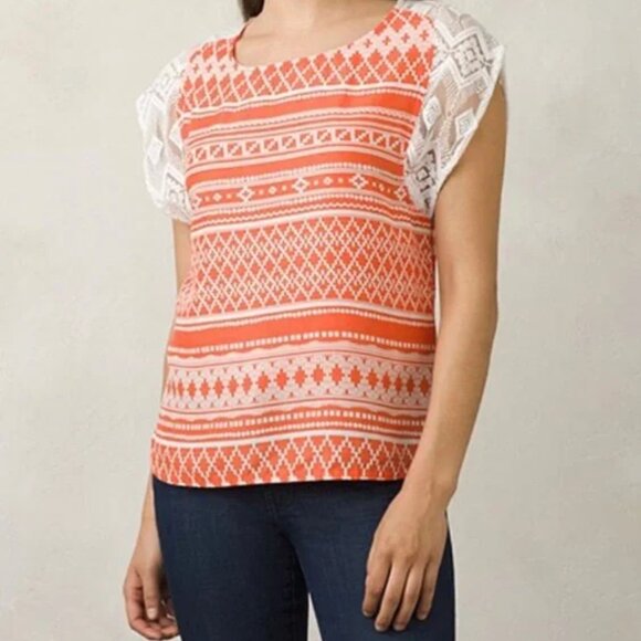 Prana Aleen Top Sleeves Lightweight Hiking Boho Geometric SunlitOrange Size M - Picture 4 of 9
